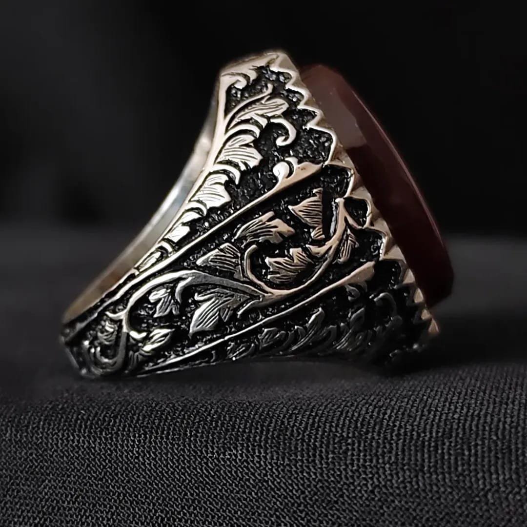 Handmade Turkish, Red Agate Stone, Engraved Ottoman, Red Aqeeq Ring, Islamic Gift for Him - Image 2