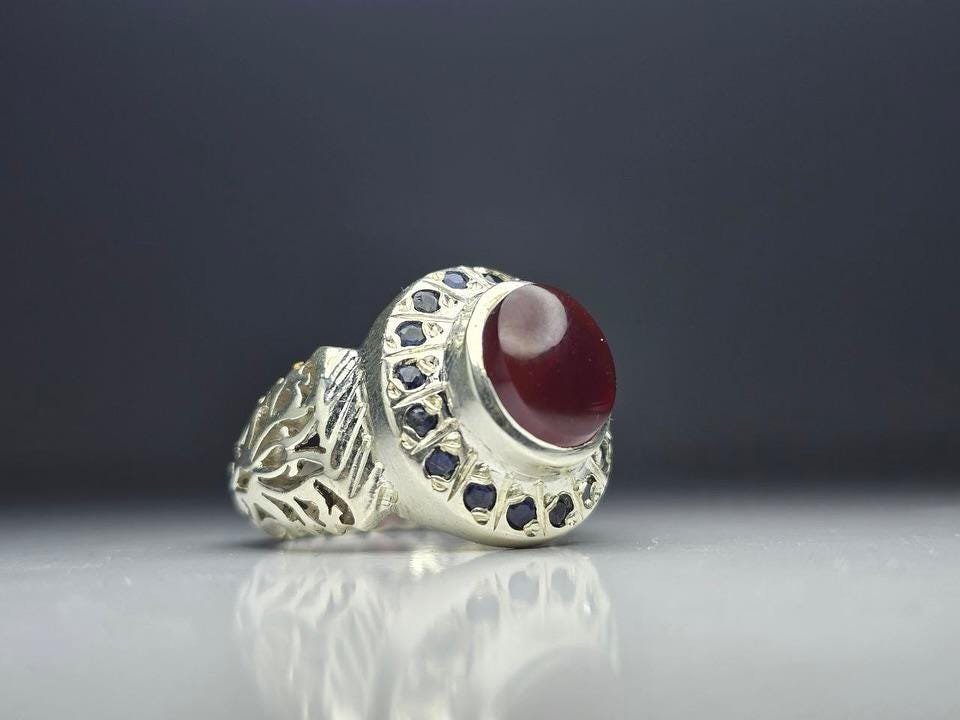 Red Agate, Mens 925 Sterling Silver, Filigree Band, Turkish Handmade, Red Aqeeq Ring, Gift for Him - Image 2