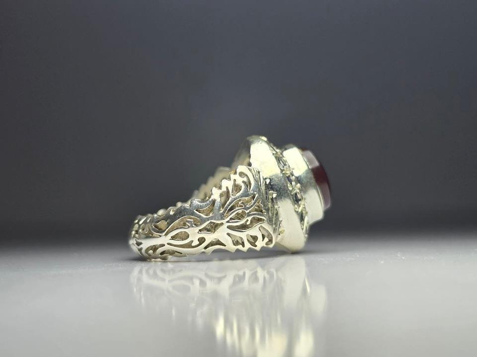Red Agate, Mens 925 Sterling Silver, Filigree Band, Turkish Handmade, Red Aqeeq Ring, Gift for Him - Image 4