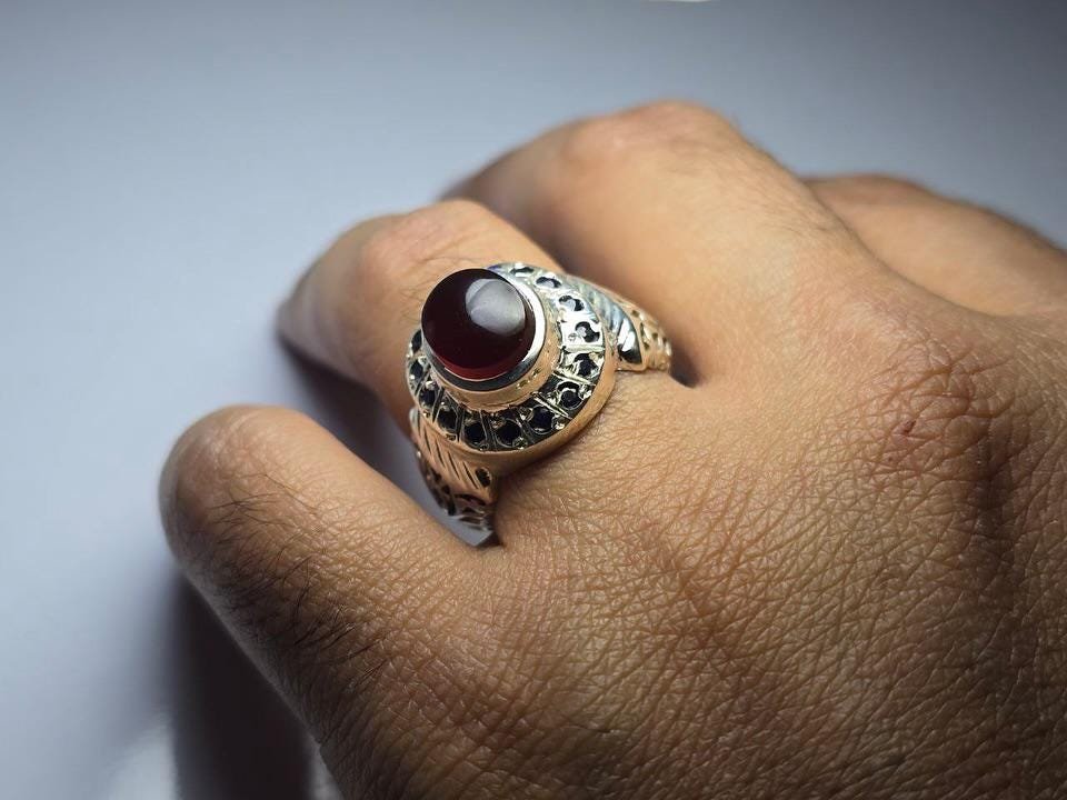 Red Agate, Mens 925 Sterling Silver, Filigree Band, Turkish Handmade, Red Aqeeq Ring, Gift for Him - Image 3
