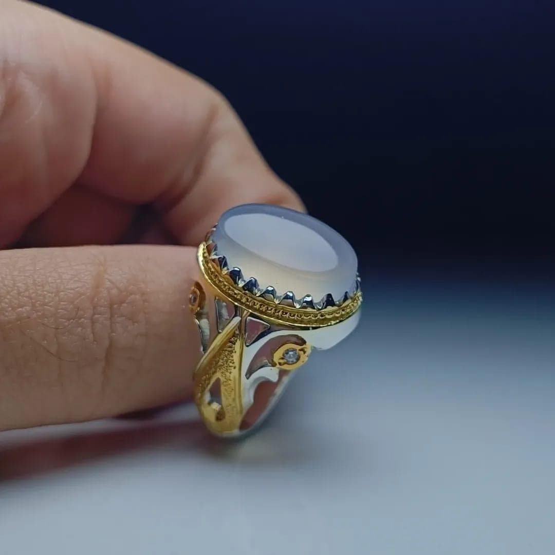 Dur e Najaf, Mens Moonstone, 925 Silver & Gold, Turkish Crown, Islamic Gift - Image 2