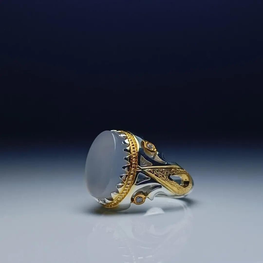 Dur e Najaf, Mens Moonstone, 925 Silver & Gold, Turkish Crown, Islamic Gift - Image 5