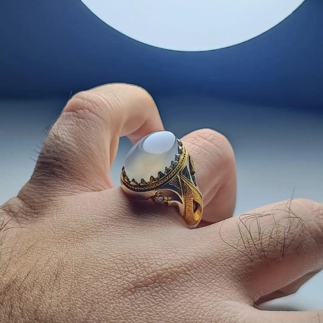 Dur e Najaf, Mens Moonstone, 925 Silver & Gold, Turkish Crown, Islamic Gift