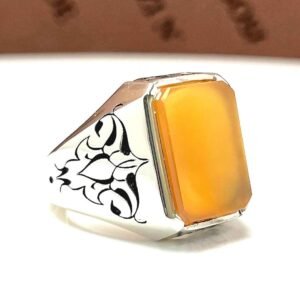 Handmade Yellow Agate Ring: Sterling Silver Gothic Signet
