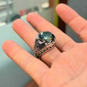 Green Moissanite Ring for Men: Sterling Silver Vintage Statement Islamic Ring gift for him