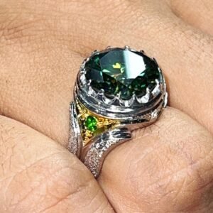 Green Moissanite Ring, Handmade Art Deco Sterling Silver Band, Men’s Statement Engagement Rings