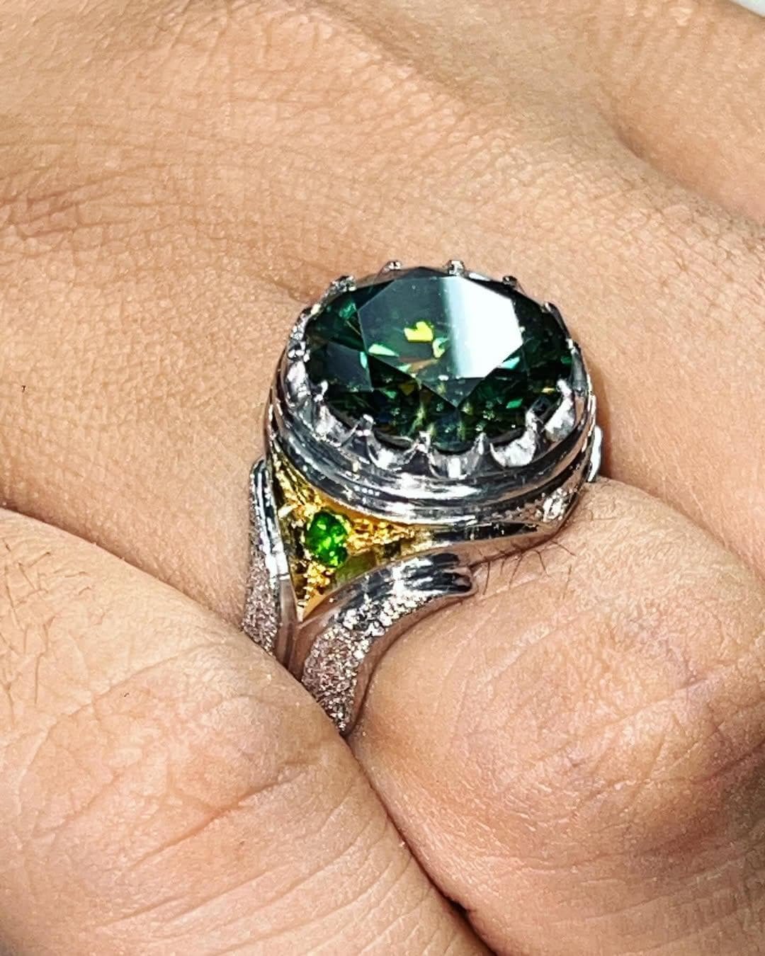 Green Moissanite Ring, Handmade Art Deco Sterling Silver Band, Men’s Statement Engagement Rings