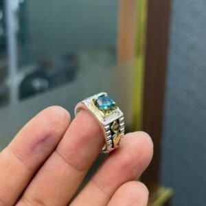 Blue Topaz Ring - Handmade Sterling Silver 925 Engagement Gift for Him, Gemstone Ring