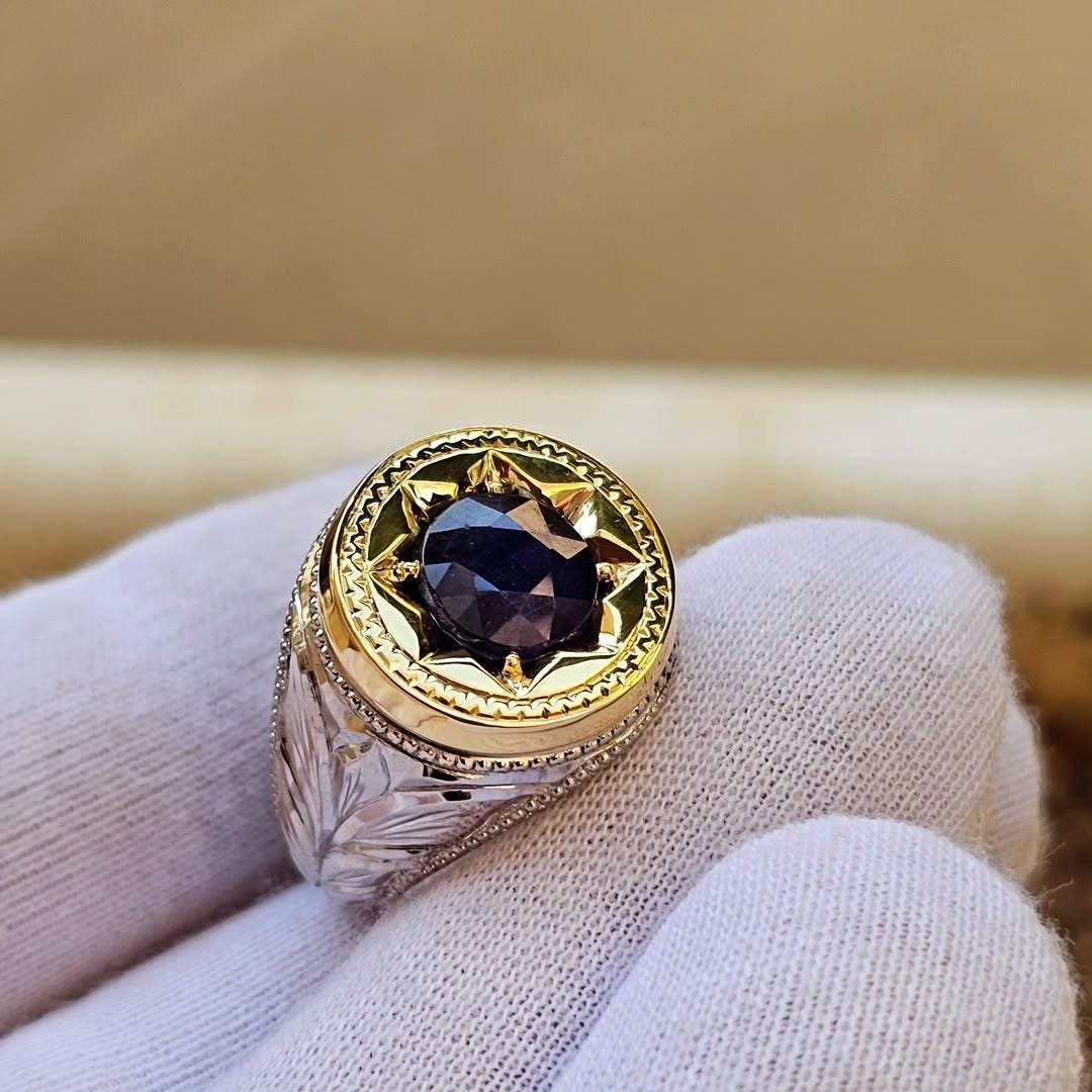 Natural Kashmiri Sapphire Neelam Ring, Star Shape 925 Sterling Silver Handmade Rings - Image 3