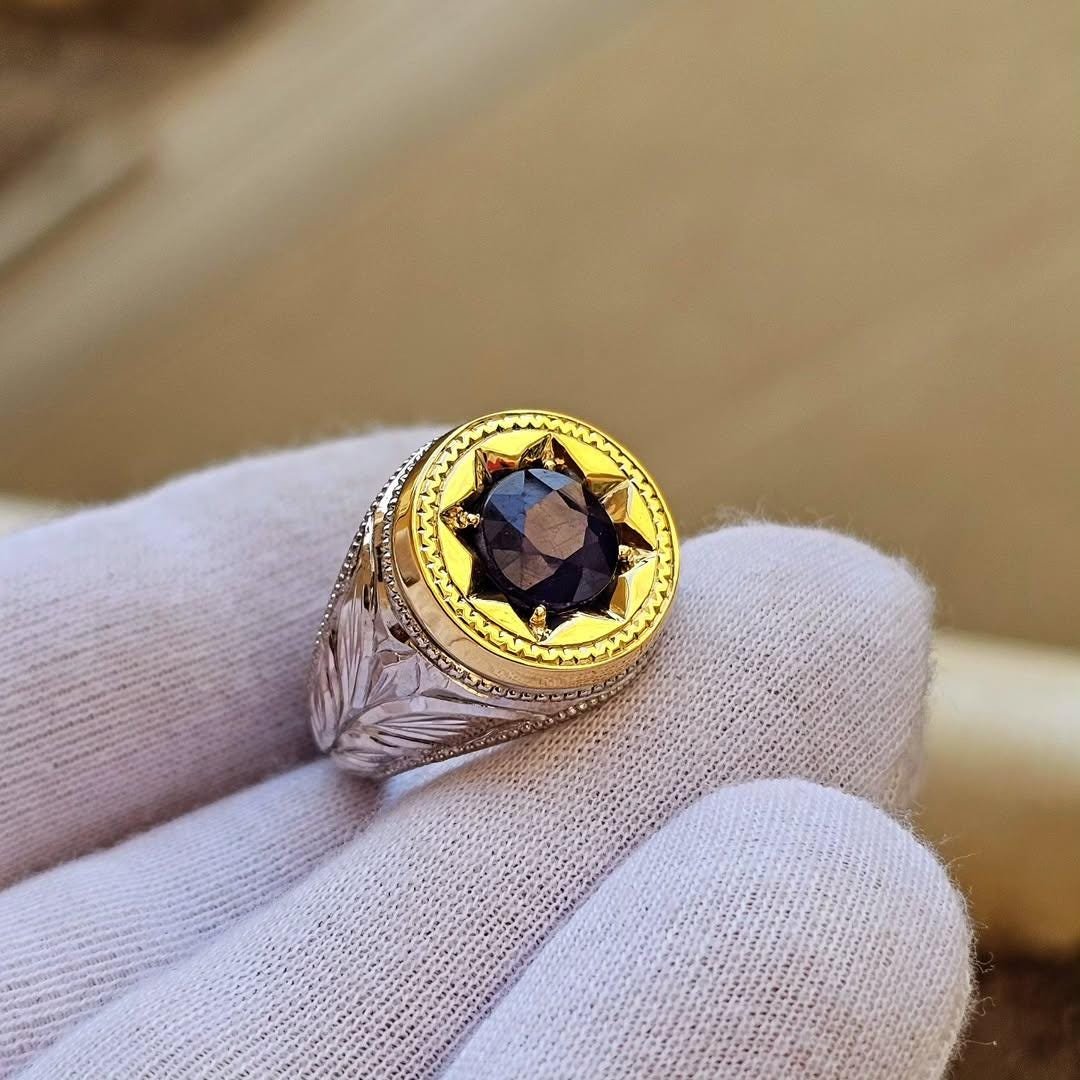 Natural Kashmiri Sapphire Neelam Ring, Star Shape 925 Sterling Silver Handmade Rings - Image 5