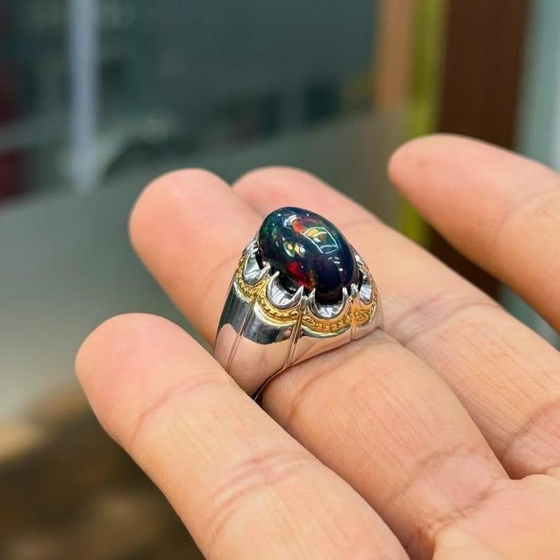 Handmade Black Fire Opal Men Ring | Sterling Silver 925 October Birthstone gift for Him - Image 3