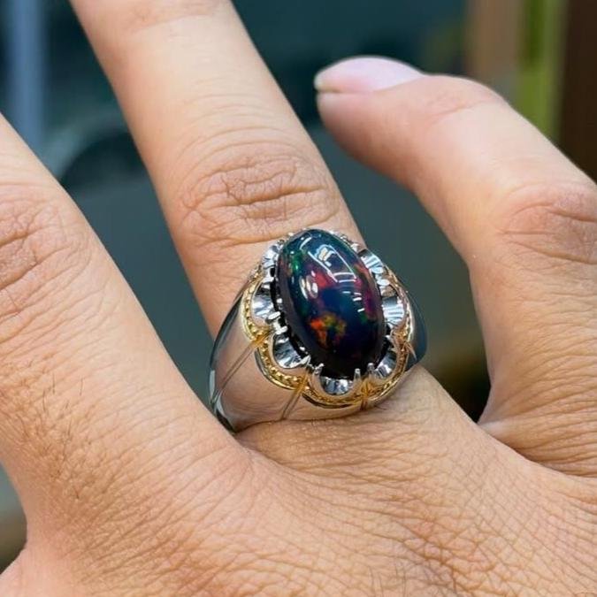 Handmade Black Fire Opal Men Ring | Sterling Silver 925 October Birthstone gift for Him - Image 5