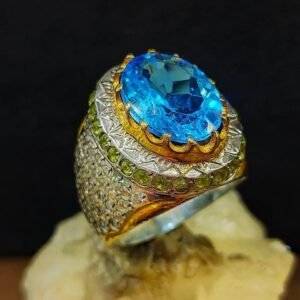 Luxury London Blue Topaz Ring for Men - Genuine December Birthstone Gemstone, Sterling Silver 925