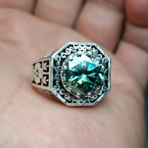 Green Moissanite Ring, Round Cut Sterling Silver Band, Engagement Ring , Gift for her