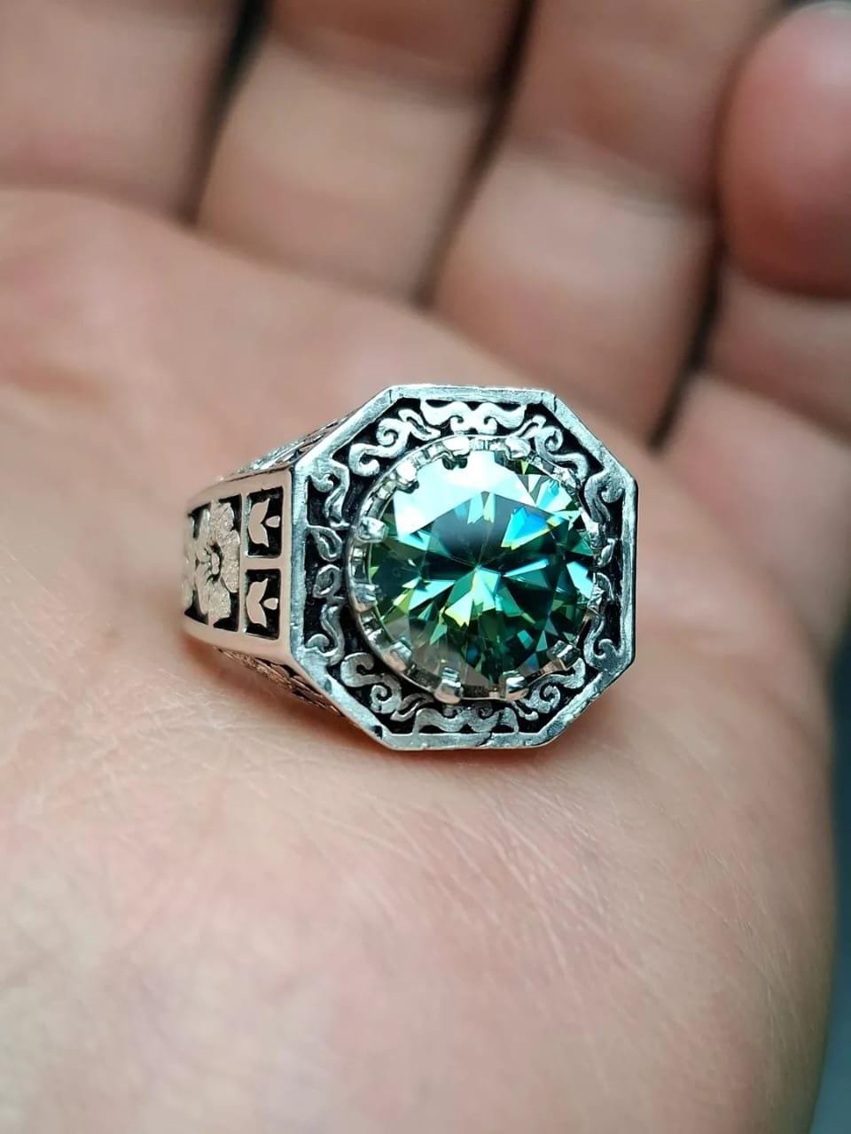 Green Moissanite Ring, Round Cut Sterling Silver Band, Engagement Ring , Gift for her