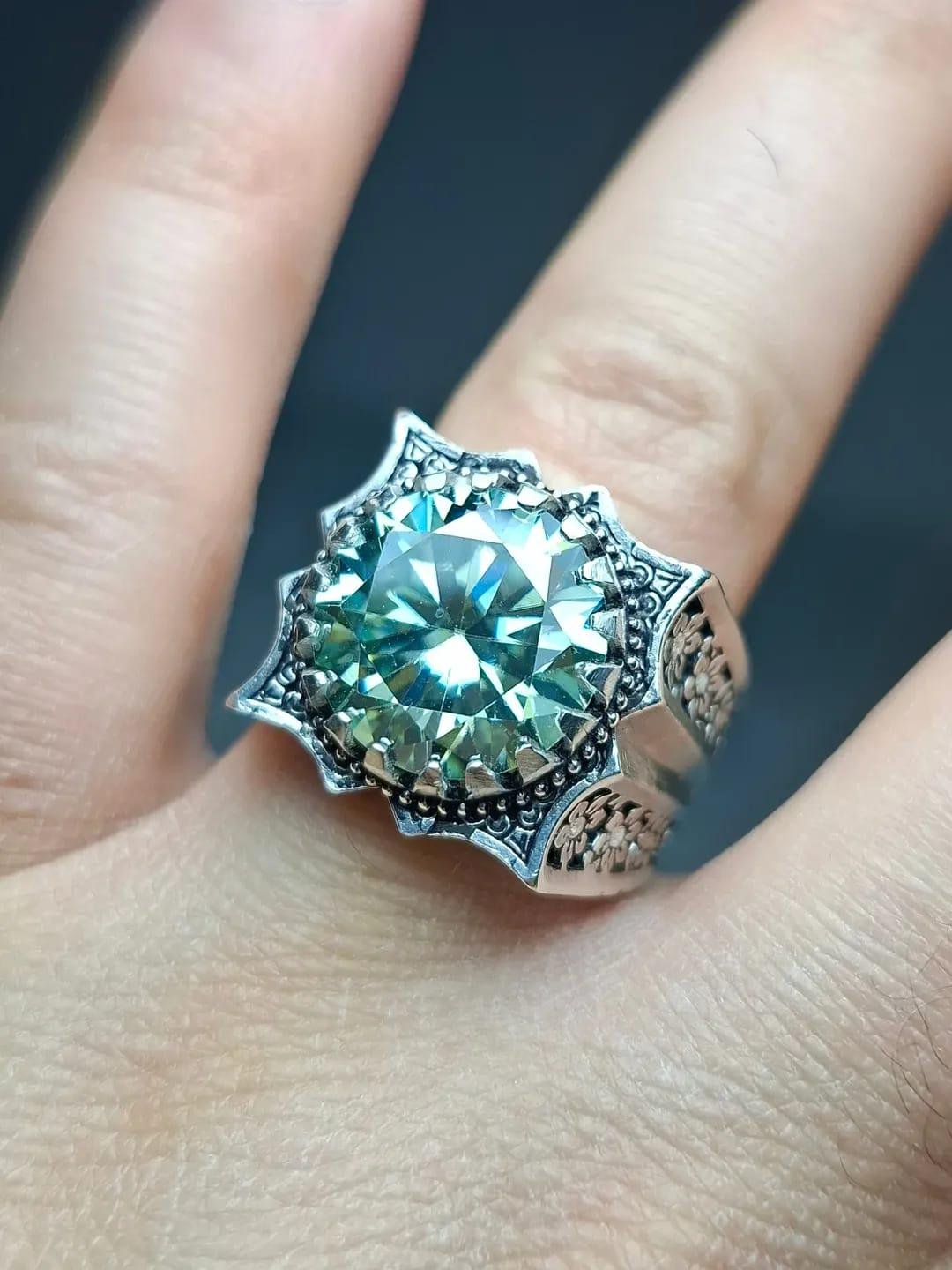 Natural Moissanite Ring, Green Moissanite Gemstone Sterling Silver 925, gift for him her - Image 3