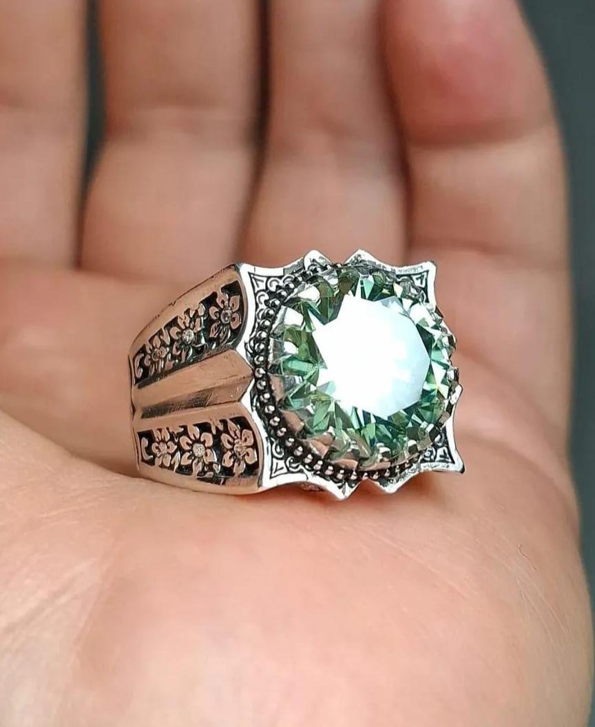 Natural Moissanite Ring, Green Moissanite Gemstone Sterling Silver 925, gift for him her