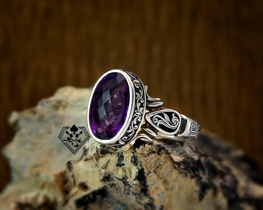 Amethyst Silver Ring, Sterling Silver 925 Handmade Rings, gift for Him, Purple Stone - Image 2