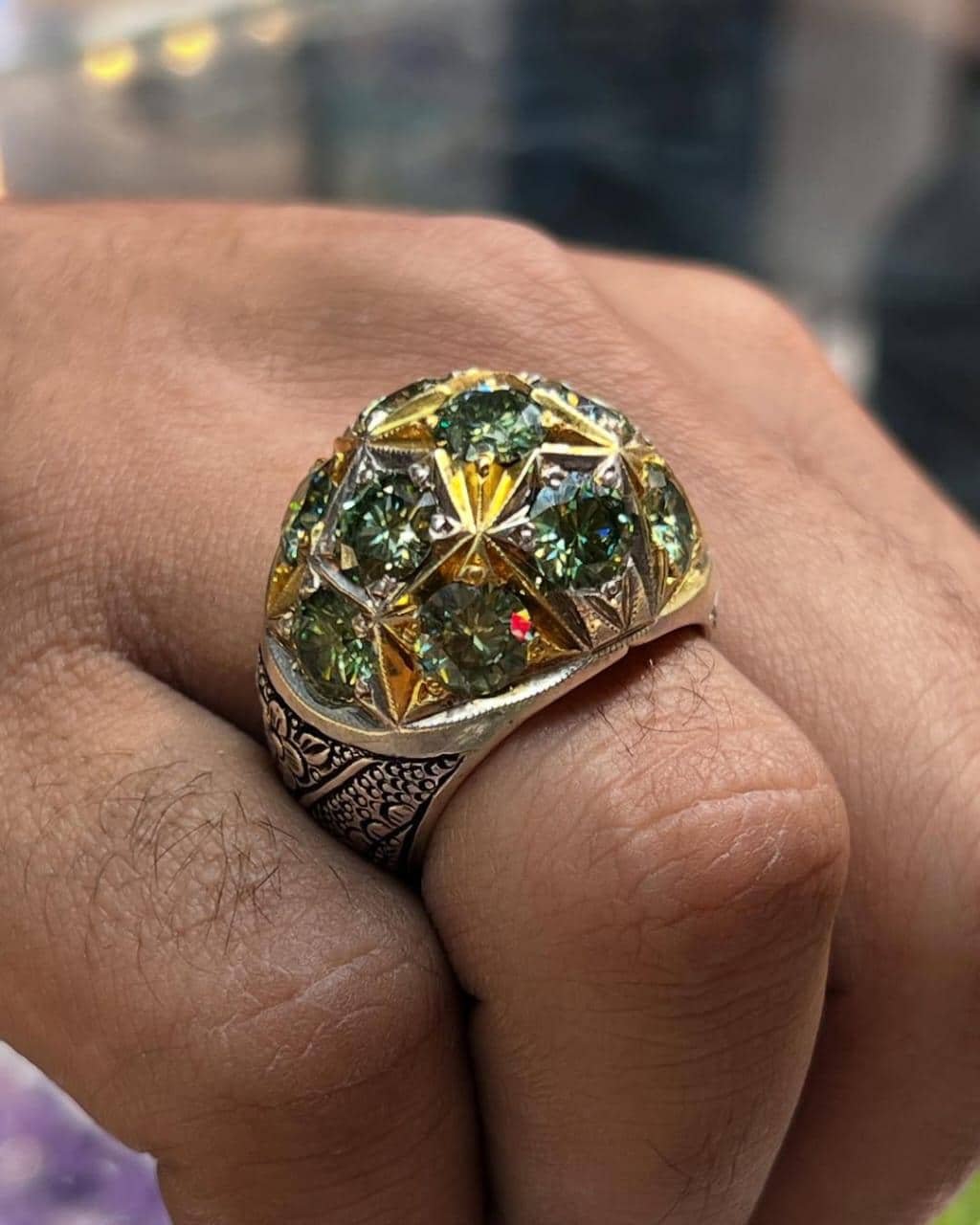 Green Moissanite Men Ring, Handmade Sterling Silver 925, Oval Cut Gem, Unique Engagement