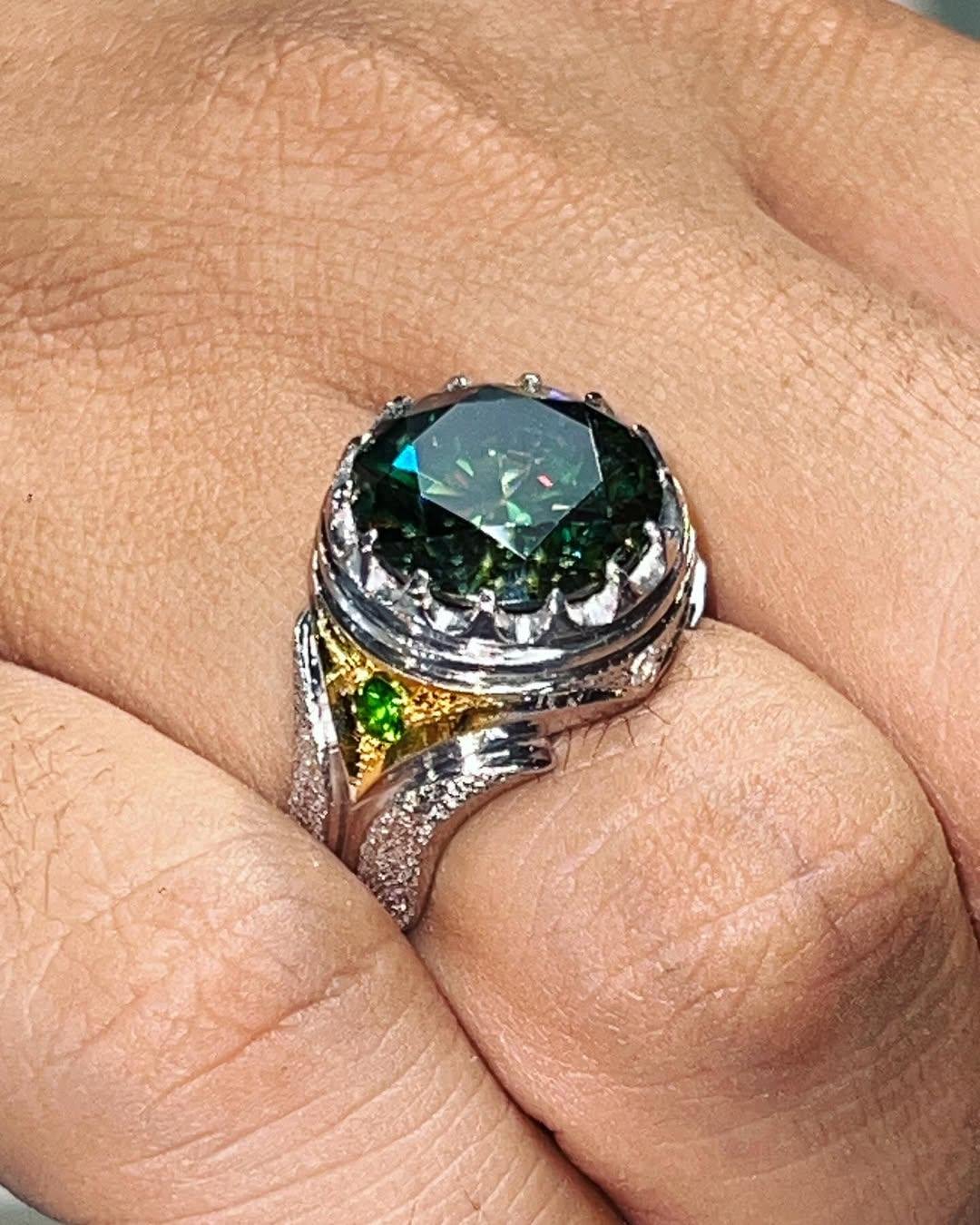 Green Moissanite Ring, Handmade Art Deco Sterling Silver Band, Men’s Statement Engagement Rings - Image 2