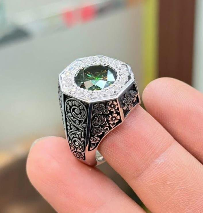 Handmade Green Moissanite Sterling Silver Ring, Floral Engraved Band - Image 2