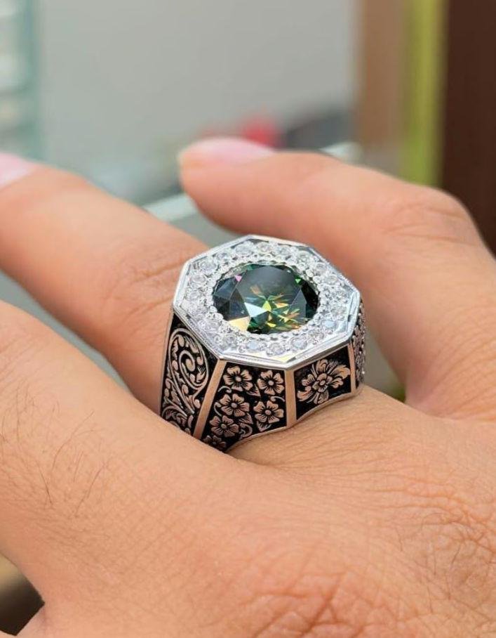 Handmade Green Moissanite Sterling Silver Ring, Floral Engraved Band - Image 4