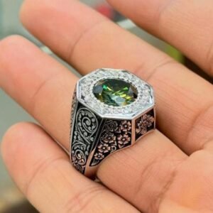 Handmade Green Moissanite Sterling Silver Ring, Floral Engraved Band