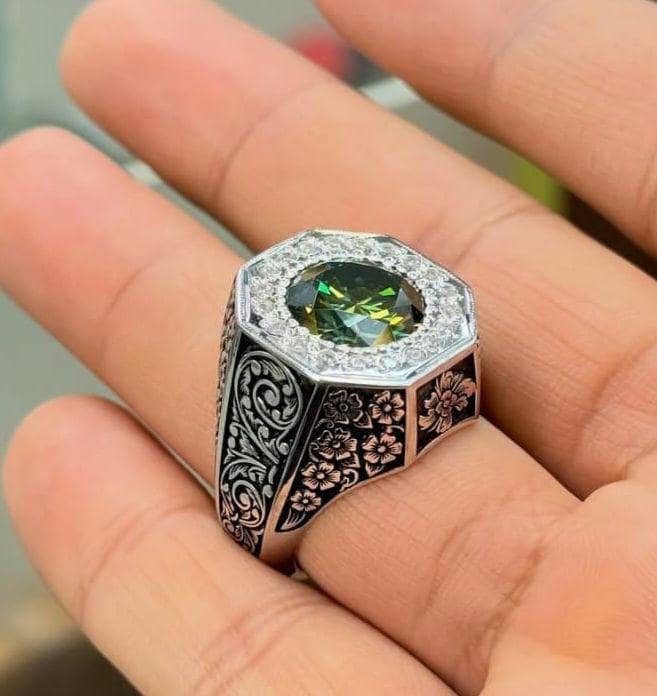 Handmade Green Moissanite Sterling Silver Ring, Floral Engraved Band