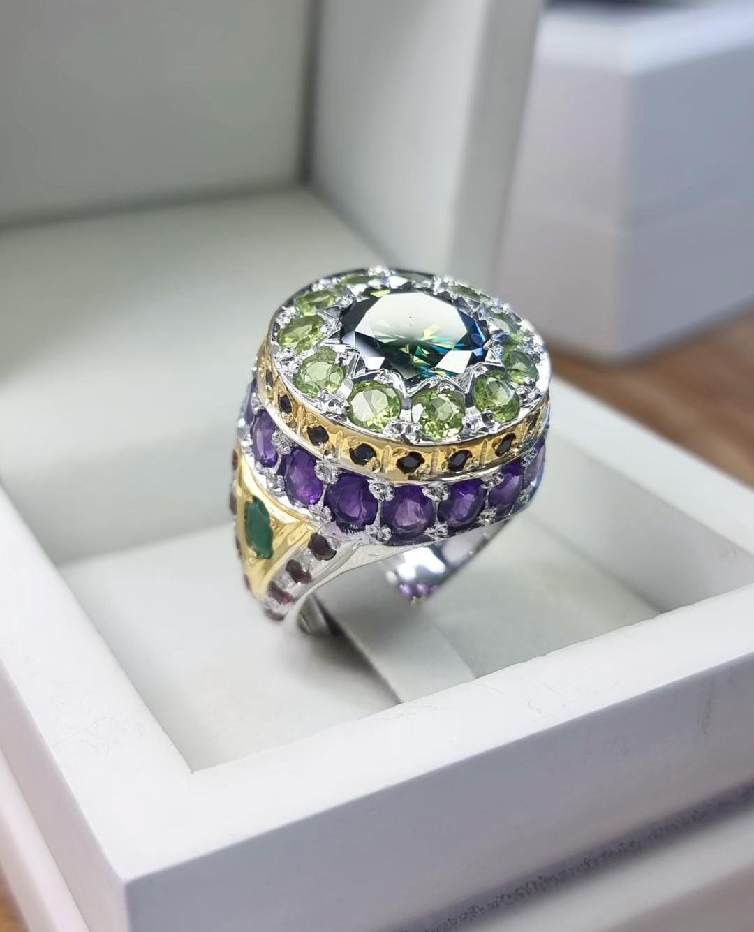 Handmade Dark Green Moissanite Sterling Silver Ring