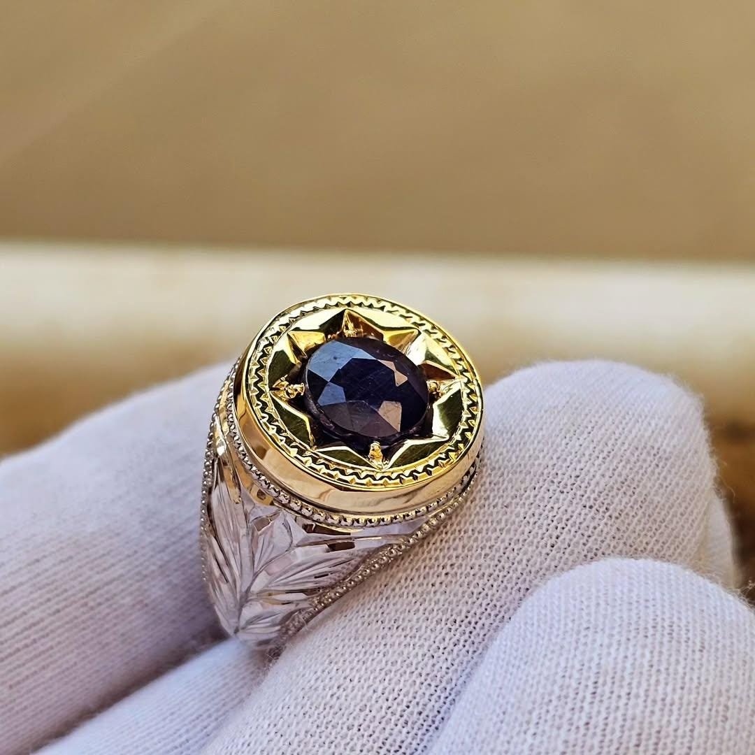 Natural Kashmiri Sapphire Neelam Ring, Star Shape 925 Sterling Silver Handmade Rings