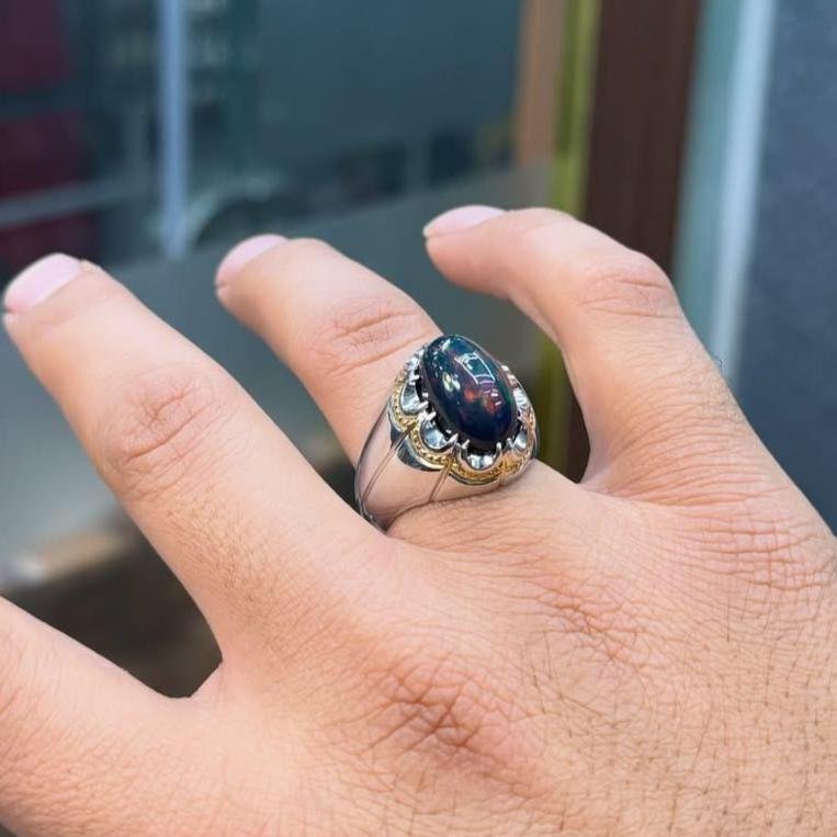 Handmade Black Fire Opal Men Ring | Sterling Silver 925 October Birthstone gift for Him - Image 4