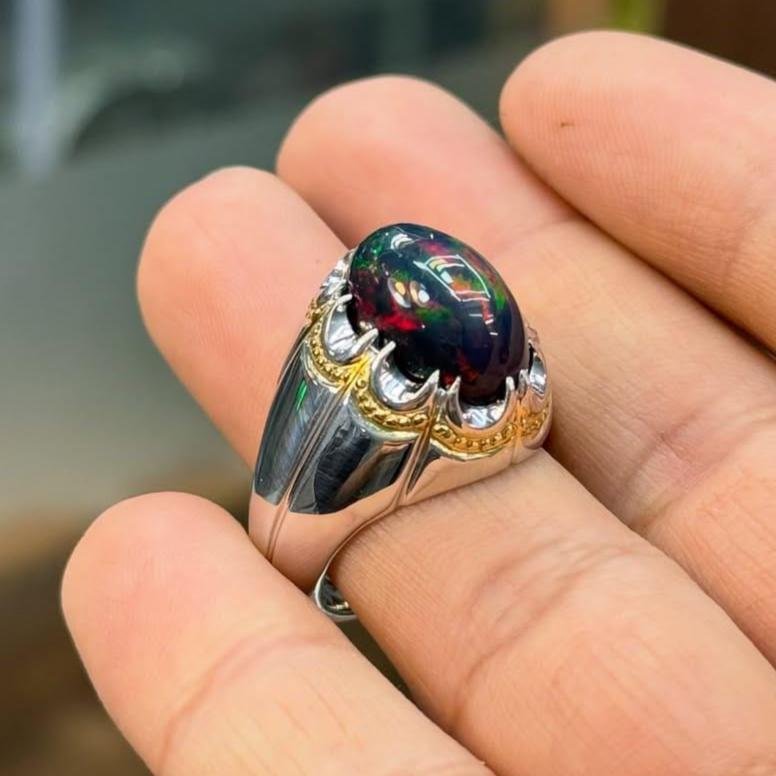 Handmade Black Fire Opal Men Ring | Sterling Silver 925 October Birthstone gift for Him - Image 2