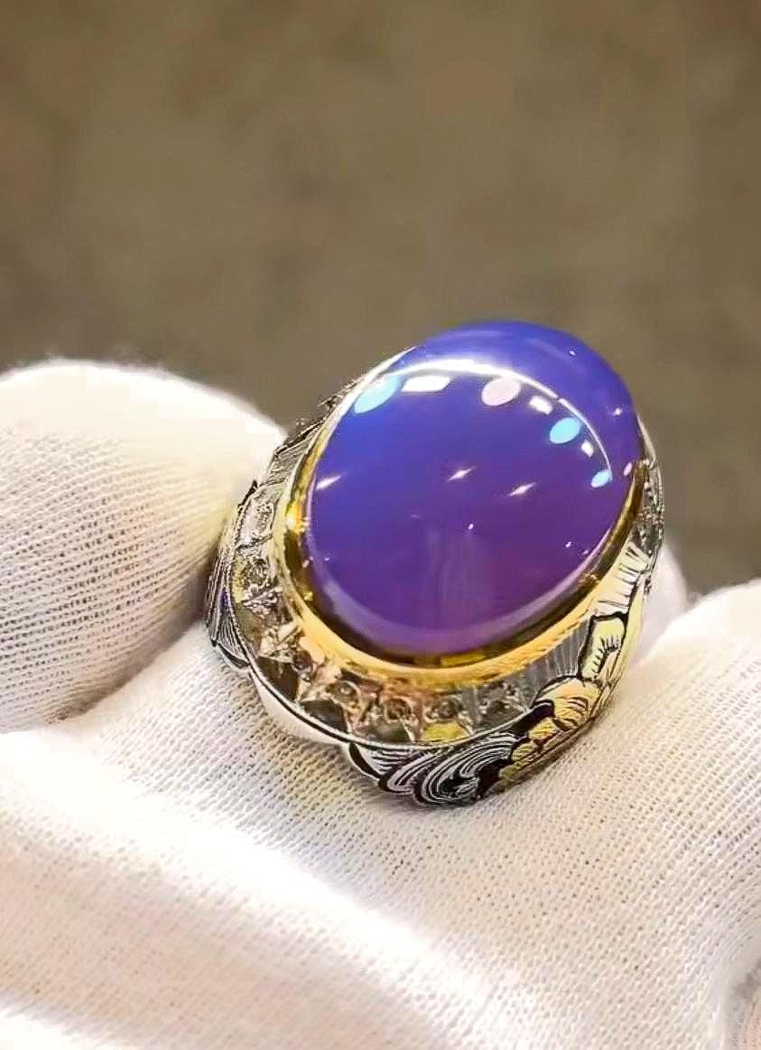 Yemeni Purple Agate Aqeeq Mens Ring, 925 Sterling Silver - Image 3