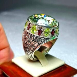 Green Moissanite Silver Ring, Handmade Art Deco Gemstone Men's Ring