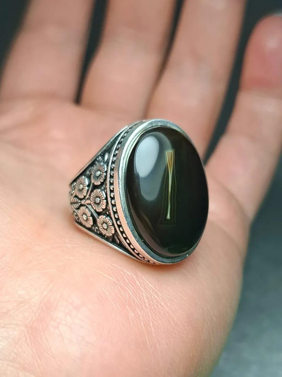 Handmade Black Agate Sterling Silver Ring, Unisex Boho Jewelry - Image 2