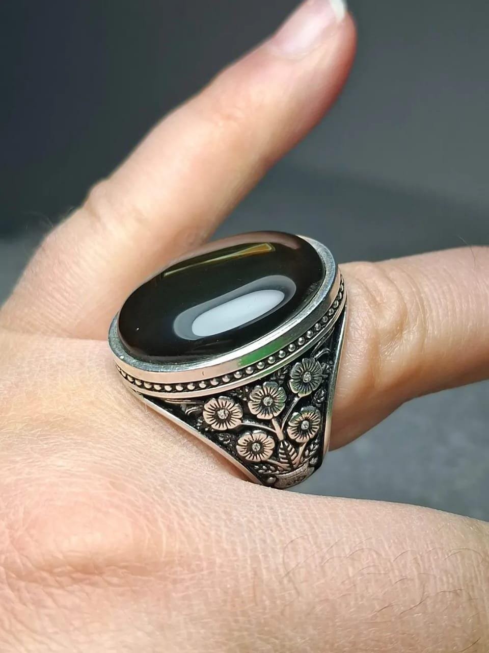 Handmade Black Agate Sterling Silver Ring, Unisex Boho Jewelry