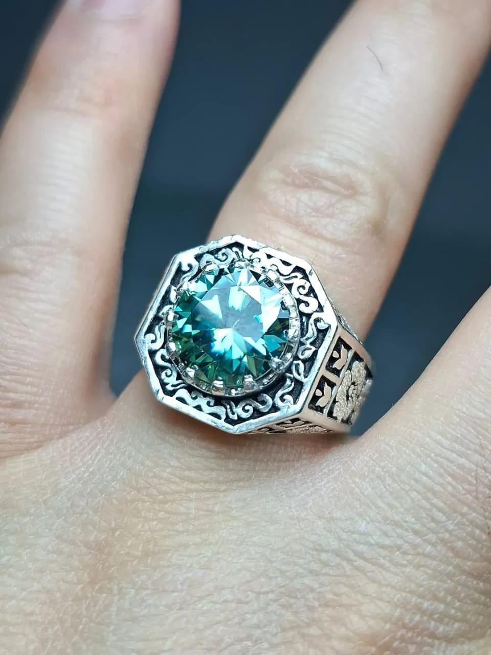 Green Moissanite Ring, Round Cut Sterling Silver Band, Engagement Ring , Gift for her - Image 2