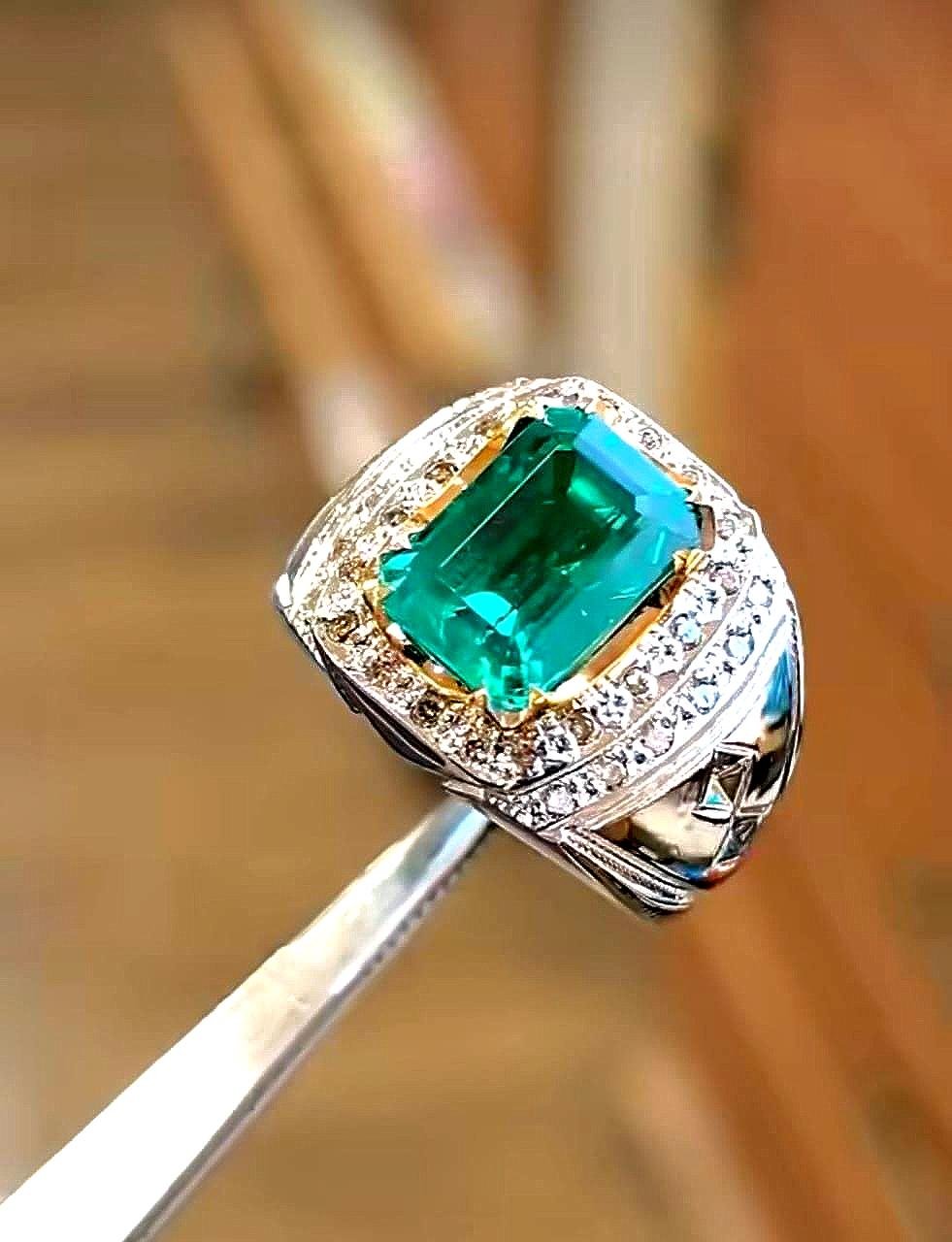 Lab Grown Emerald Sterling Silver Ring | Handcrafted Engraved Design