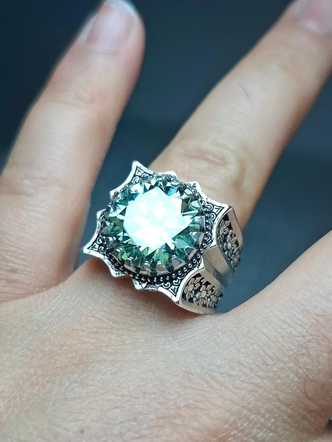Natural Moissanite Ring, Green Moissanite Gemstone Sterling Silver 925, gift for him her - Image 2