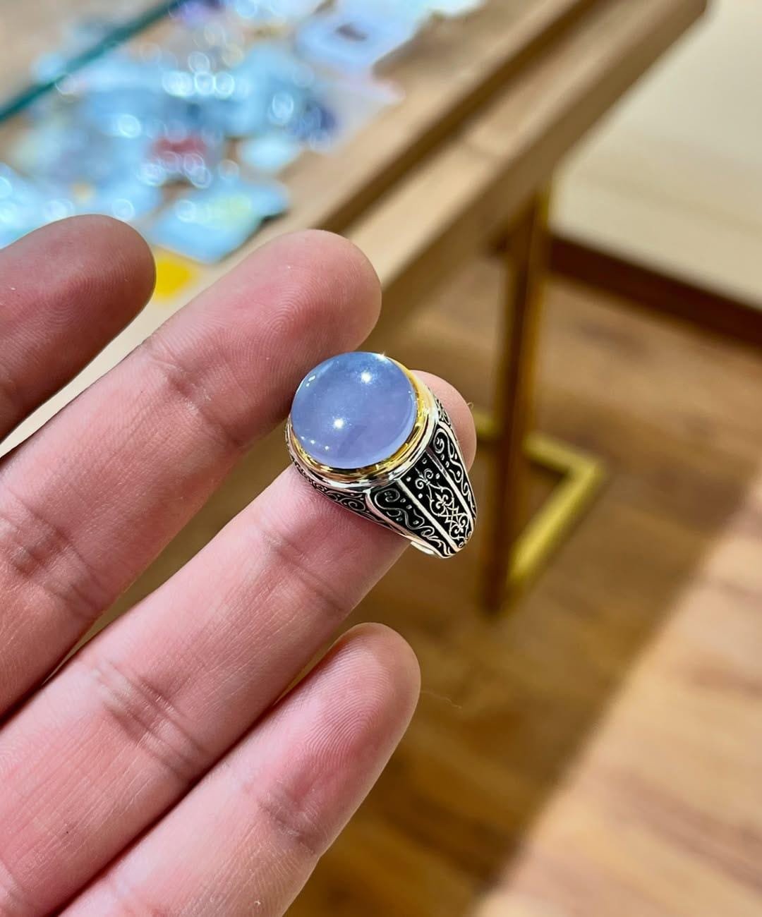 Blue Agate Ring Men, Sterling Silver Aqeeq Signet, Handmade Ottoman Ring - Image 2