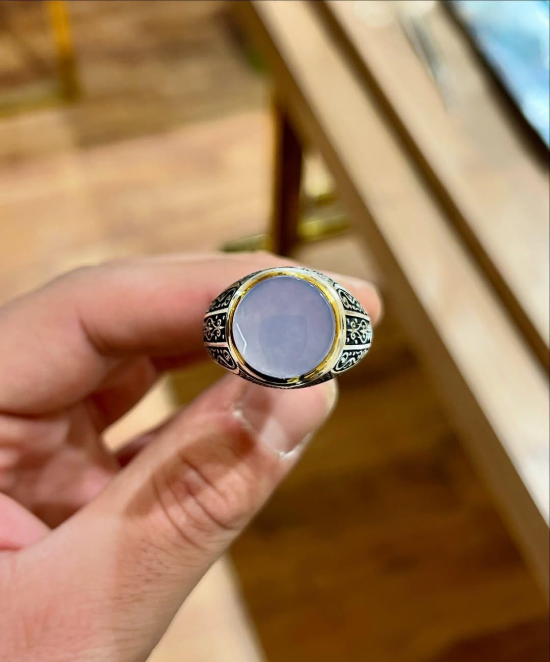 Blue Agate Ring Men, Sterling Silver Aqeeq Signet, Handmade Ottoman Ring - Image 5