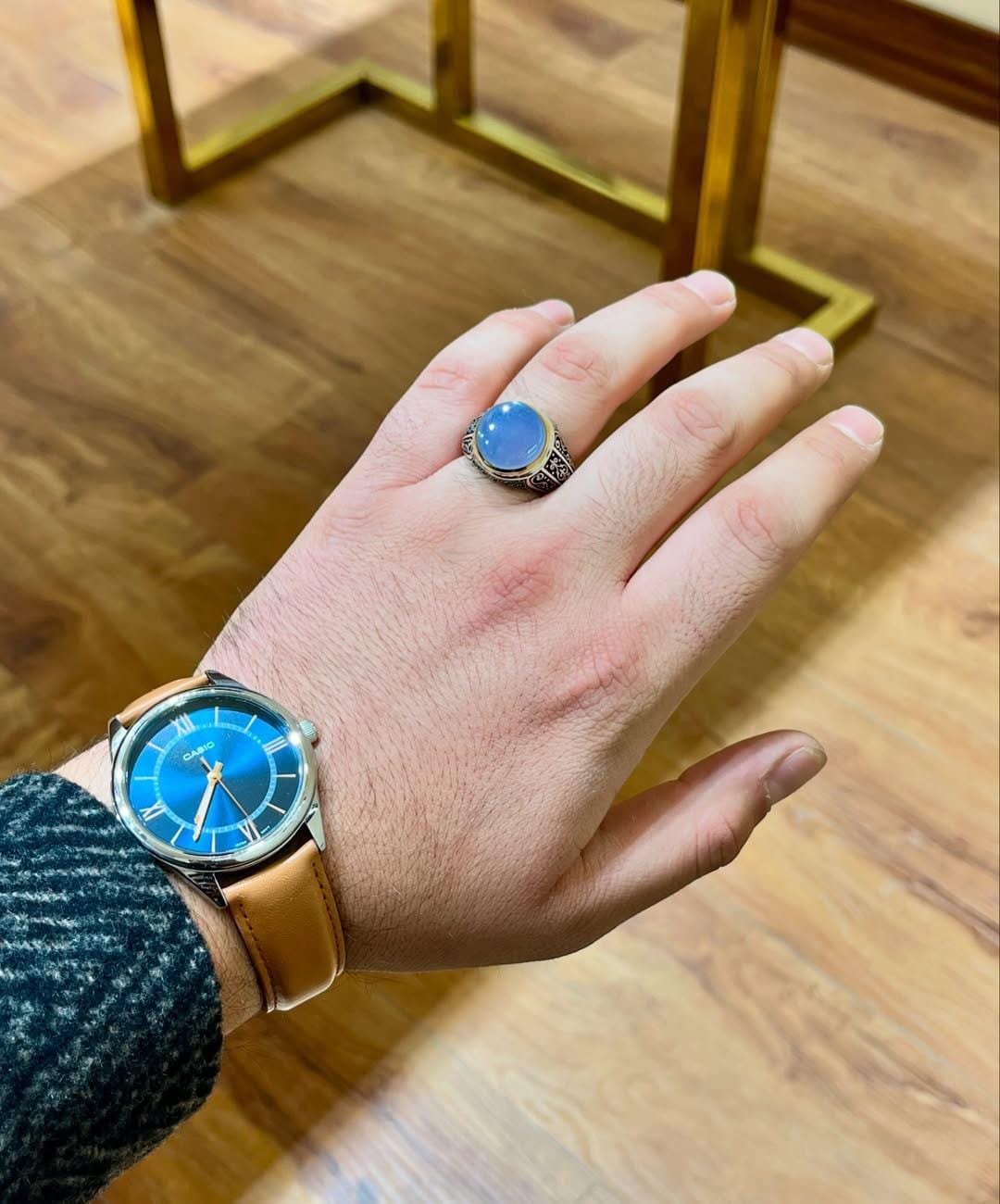 Blue Agate Ring Men, Sterling Silver Aqeeq Signet, Handmade Ottoman Ring - Image 3