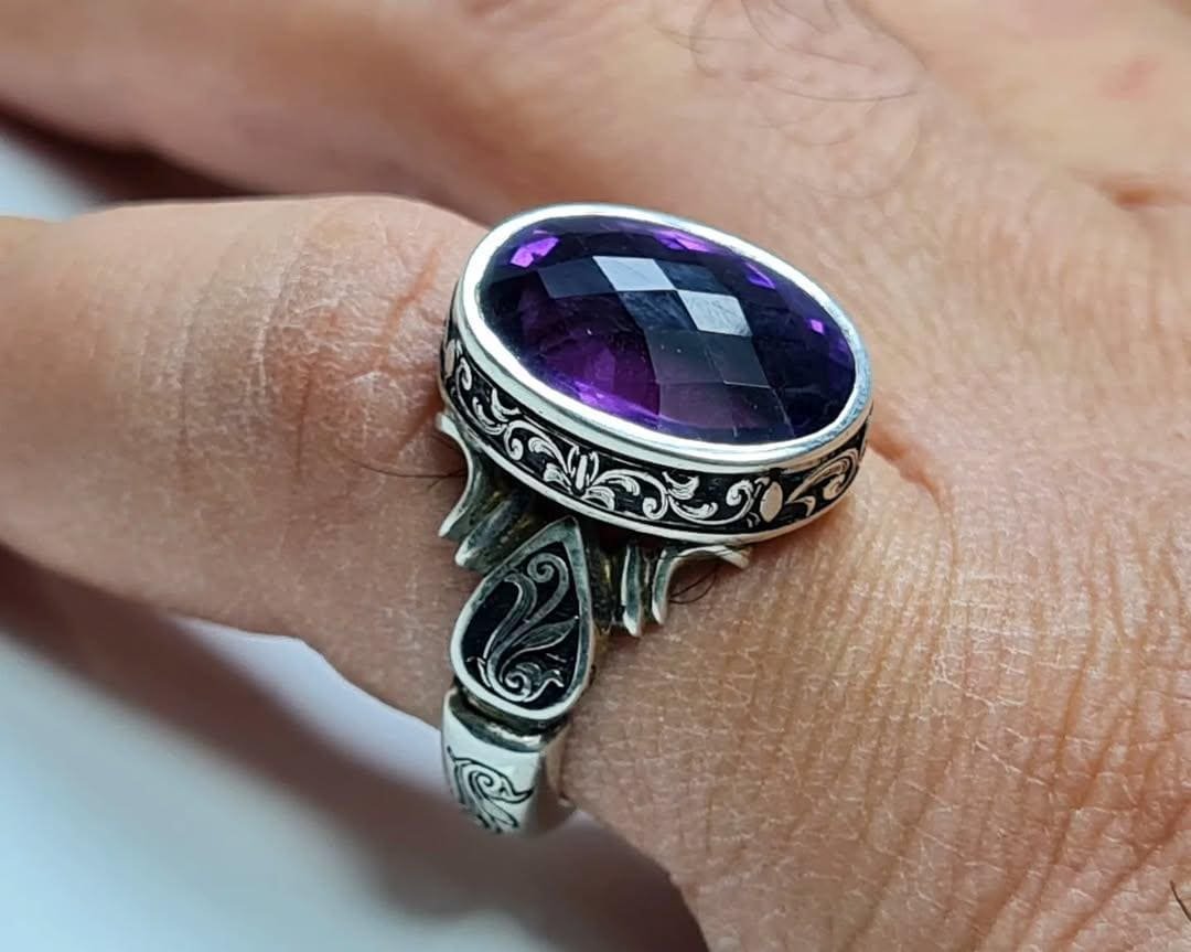 Amethyst Silver Ring, Sterling Silver 925 Handmade Rings, gift for Him, Purple Stone