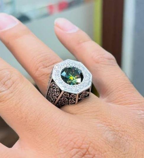 Handmade Green Moissanite Sterling Silver Ring, Floral Engraved Band - Image 3