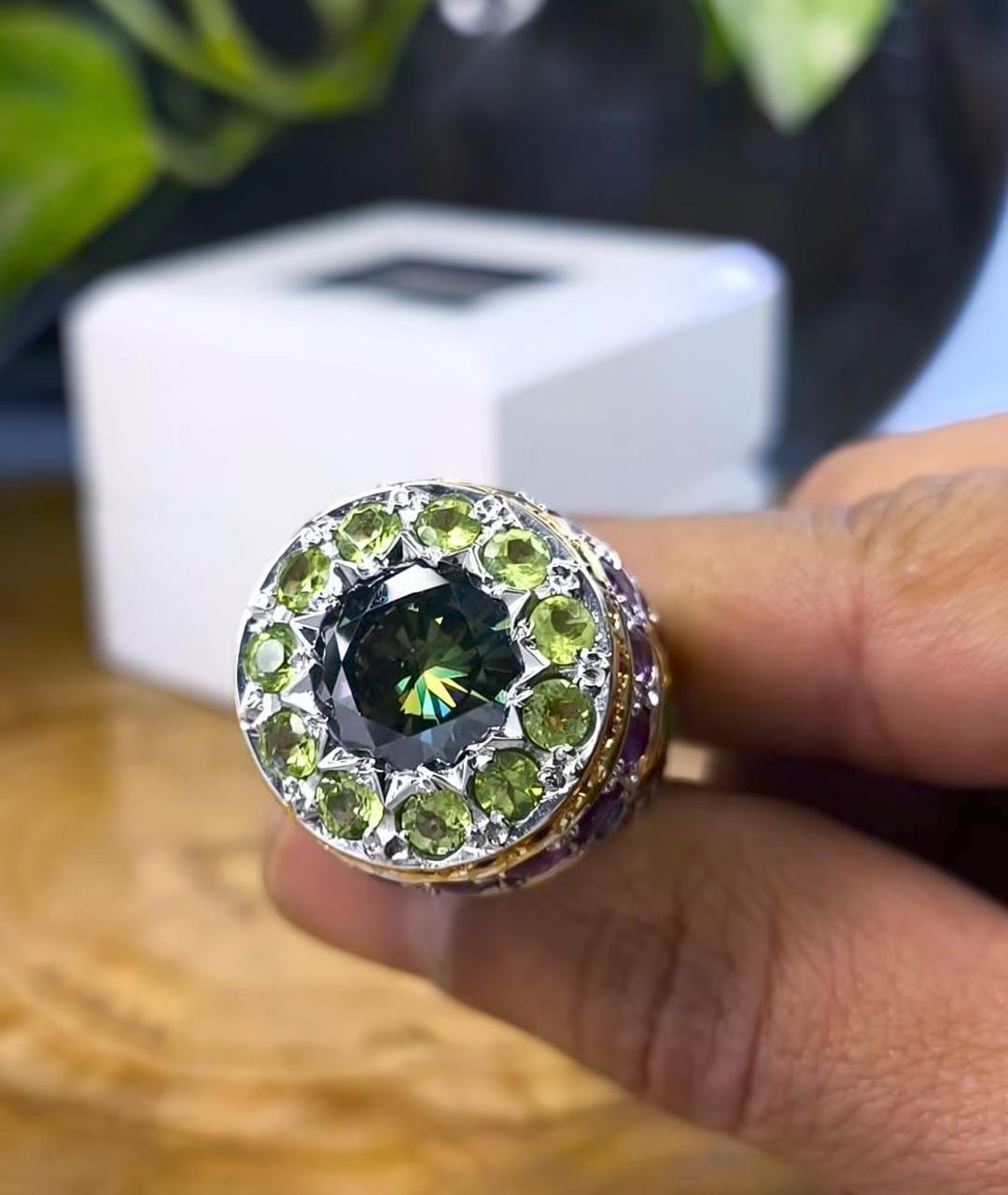 Handmade Dark Green Moissanite Sterling Silver Ring - Image 2