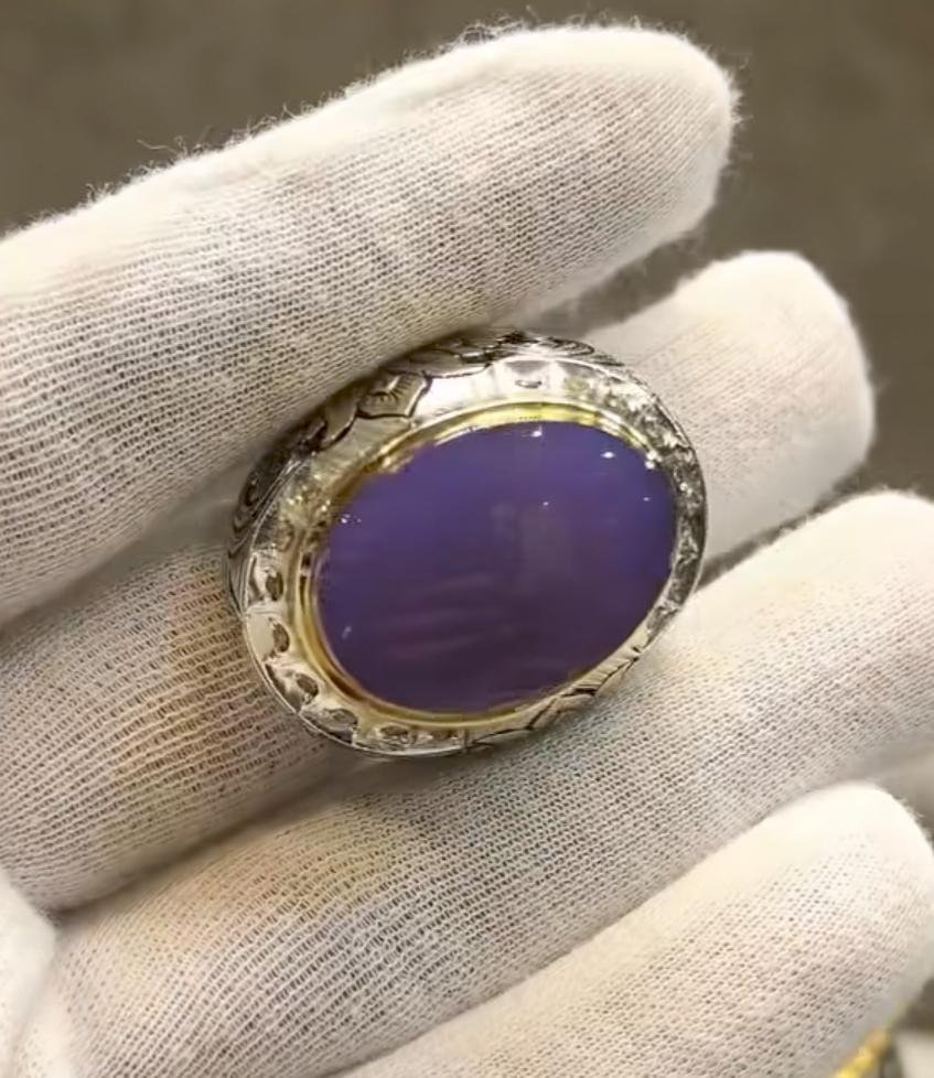 Yemeni Purple Agate Aqeeq Mens Ring, 925 Sterling Silver - Image 4