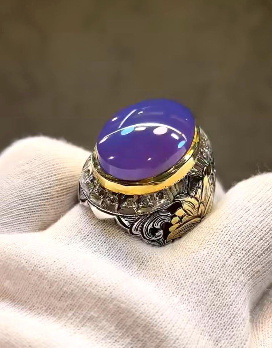 Yemeni Purple Agate Aqeeq Mens Ring, 925 Sterling Silver