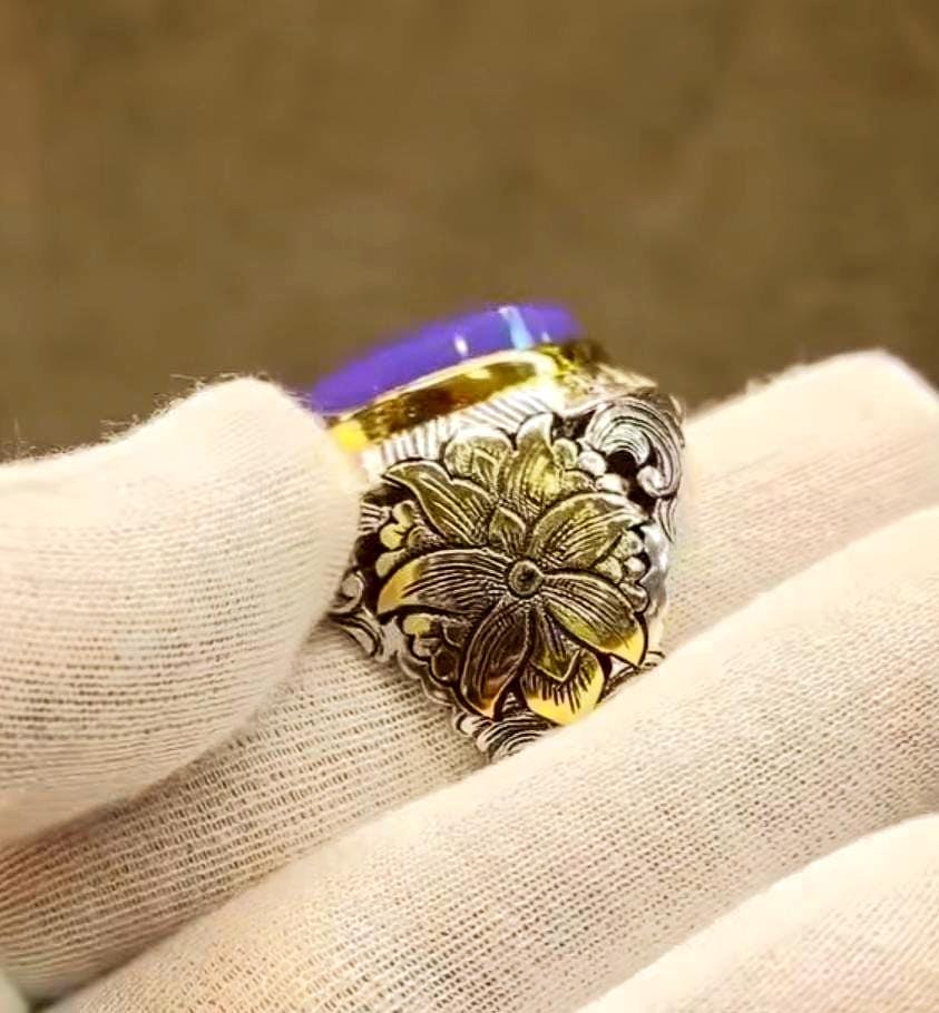 Yemeni Purple Agate Aqeeq Mens Ring, 925 Sterling Silver - Image 2
