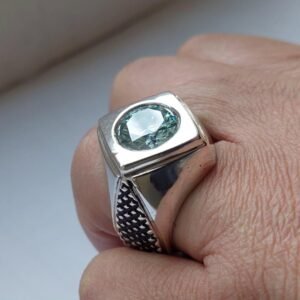 Mens Green Moissanite Ring - Square Bezel Gemstone - Modern Geometric Wedding Ring