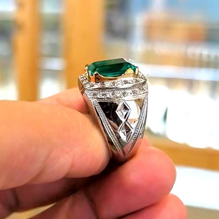 Lab Grown Emerald Sterling Silver Ring | Handcrafted Engraved Design - Image 3